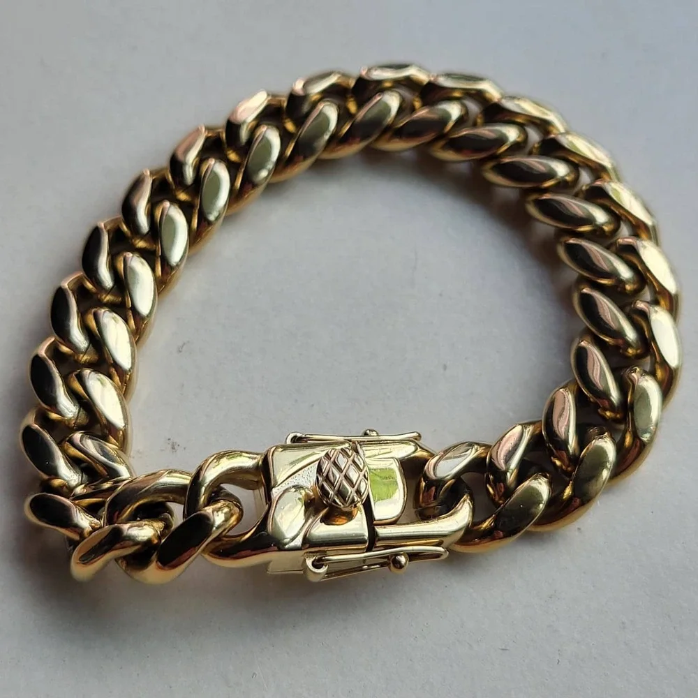 14K Gold Plated Stainless Steel Cuban Link Bracelet 8in Gold 12mm Thick